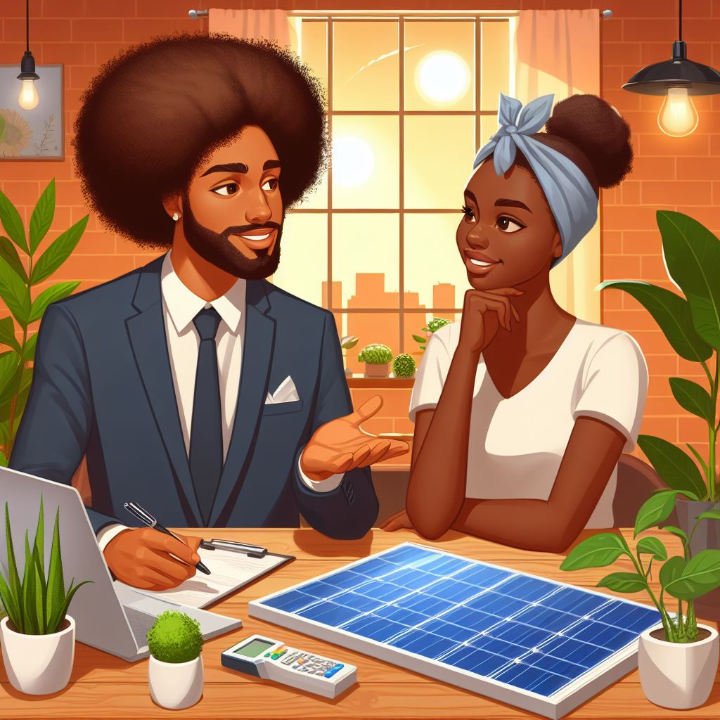 a picture with a solar and wellness consultatant who is a black male speaking with a black female about the benefits of a eco friendly space